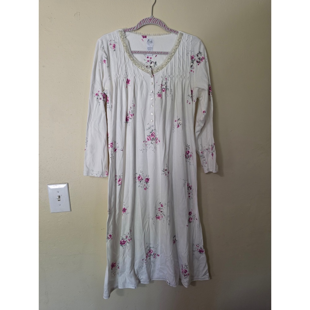 Aria Womens Floral Long Sleeve Nightgown White Pink Lace Trim Pintuck Medium